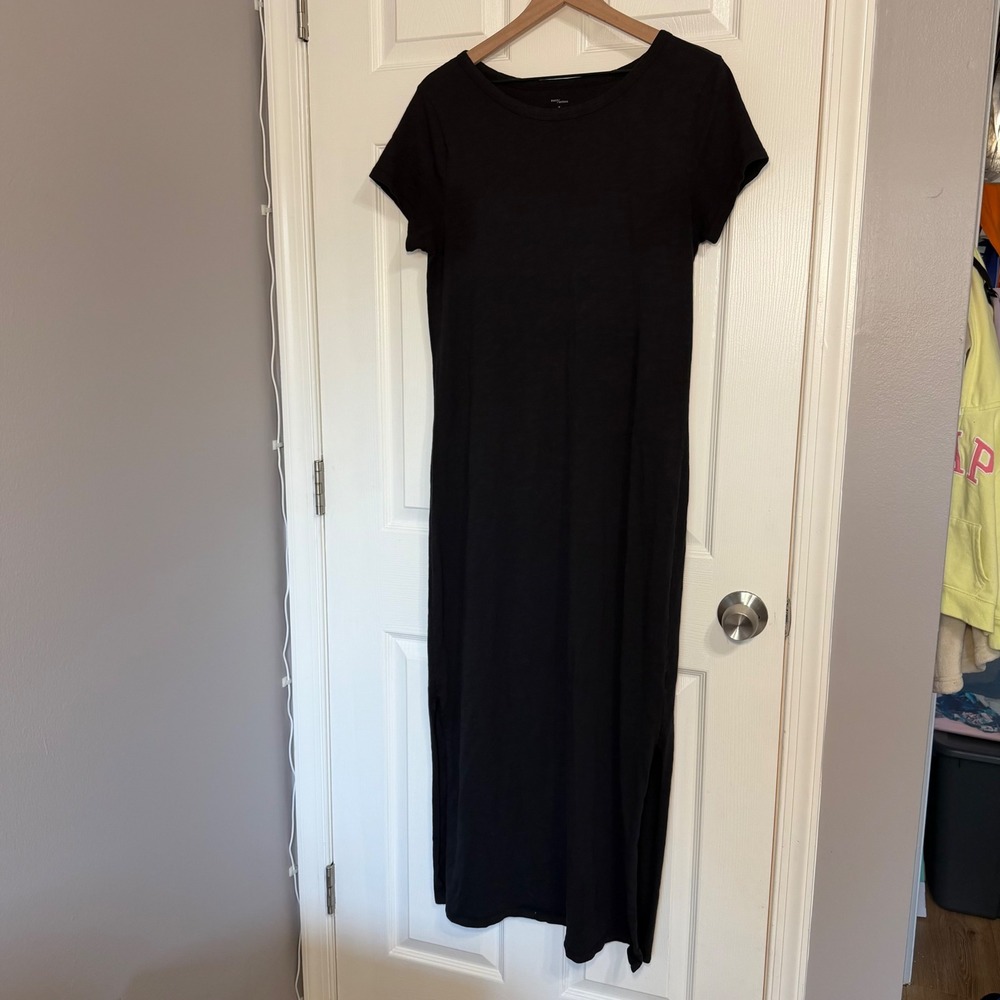 Daily Ritual Black Cotton Short Sleeve Maxi Dress Side Slit Womens Medium